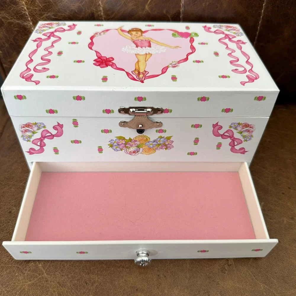 Ballerina Musical Jewelry Box White Pink Floral Vintage Style with Drawer Mirror